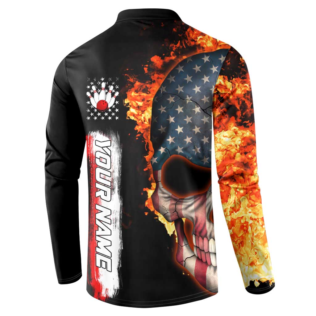 American Flag Skull Design Button Sweatshirt with Bowling Elements and Fire Background with Custom Team Name Text - Wonder Print Shop
