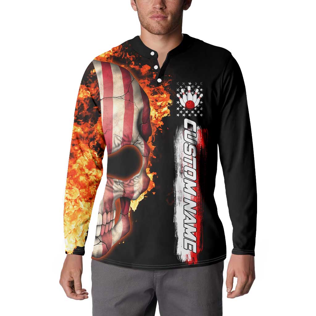 American Flag Skull Design Button Sweatshirt with Bowling Elements and Fire Background with Custom Team Name Text - Wonder Print Shop