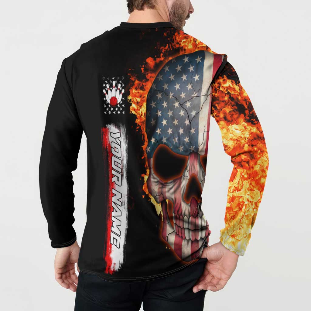 American Flag Skull Design Button Sweatshirt with Bowling Elements and Fire Background with Custom Team Name Text - Wonder Print Shop