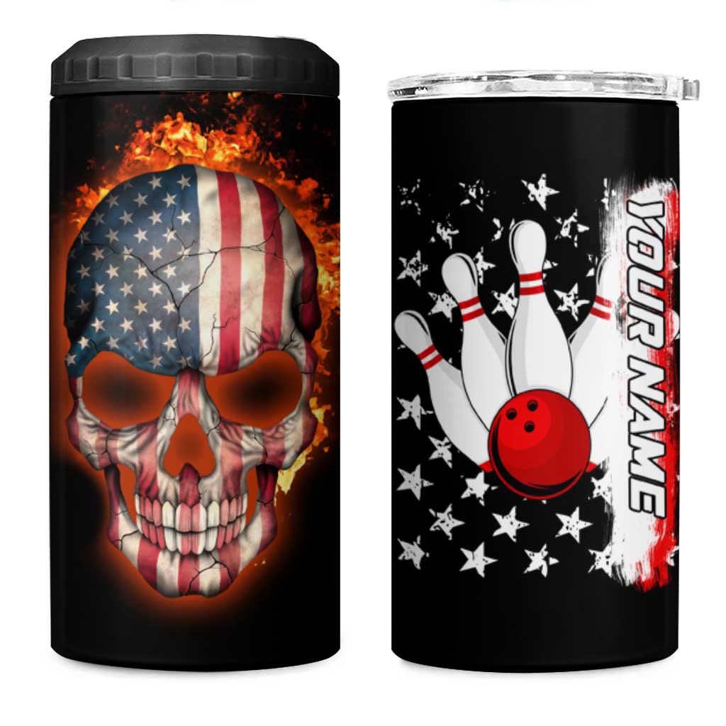 American Flag Skull Design 4 in 1 Can Cooler Tumbler with Bowling Elements and Fire Background with Custom Team Name Text - Wonder Print Shop