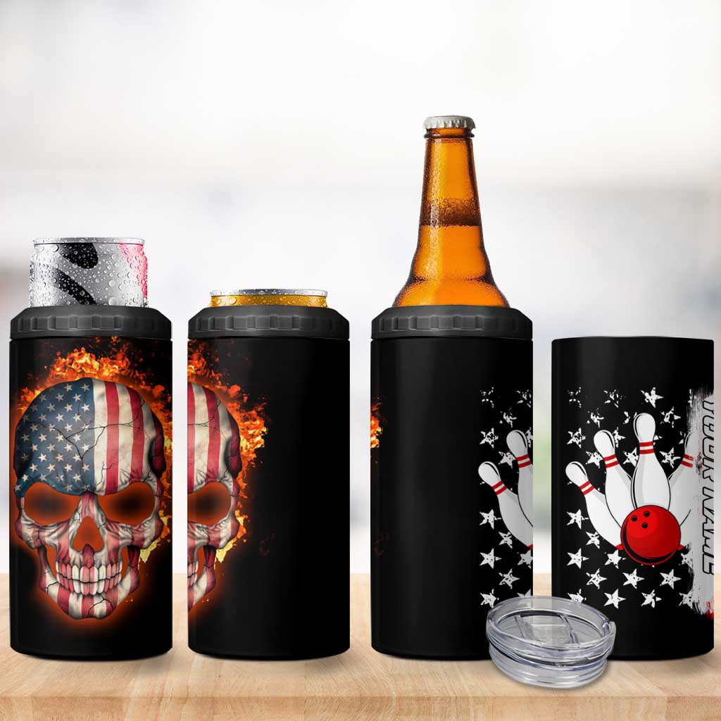 American Flag Skull Design 4 in 1 Can Cooler Tumbler with Bowling Elements and Fire Background with Custom Team Name Text - Wonder Print Shop