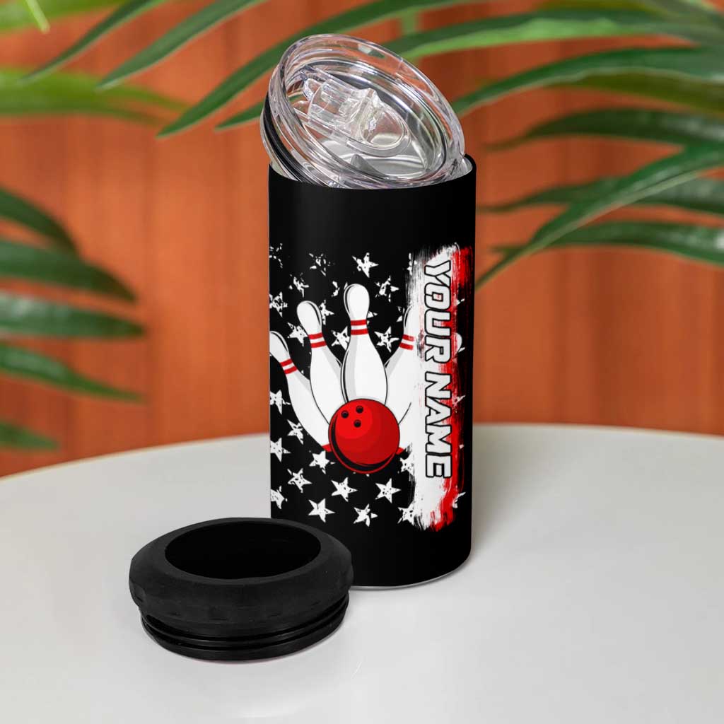 American Flag Skull Design 4 in 1 Can Cooler Tumbler with Bowling Elements and Fire Background with Custom Team Name Text - Wonder Print Shop