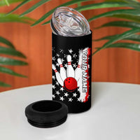 American Flag Skull Design 4 in 1 Can Cooler Tumbler with Bowling Elements and Fire Background with Custom Team Name Text - Wonder Print Shop