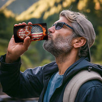 American Flag Skull Design 4 in 1 Can Cooler Tumbler with Bowling Elements and Fire Background with Custom Team Name Text - Wonder Print Shop