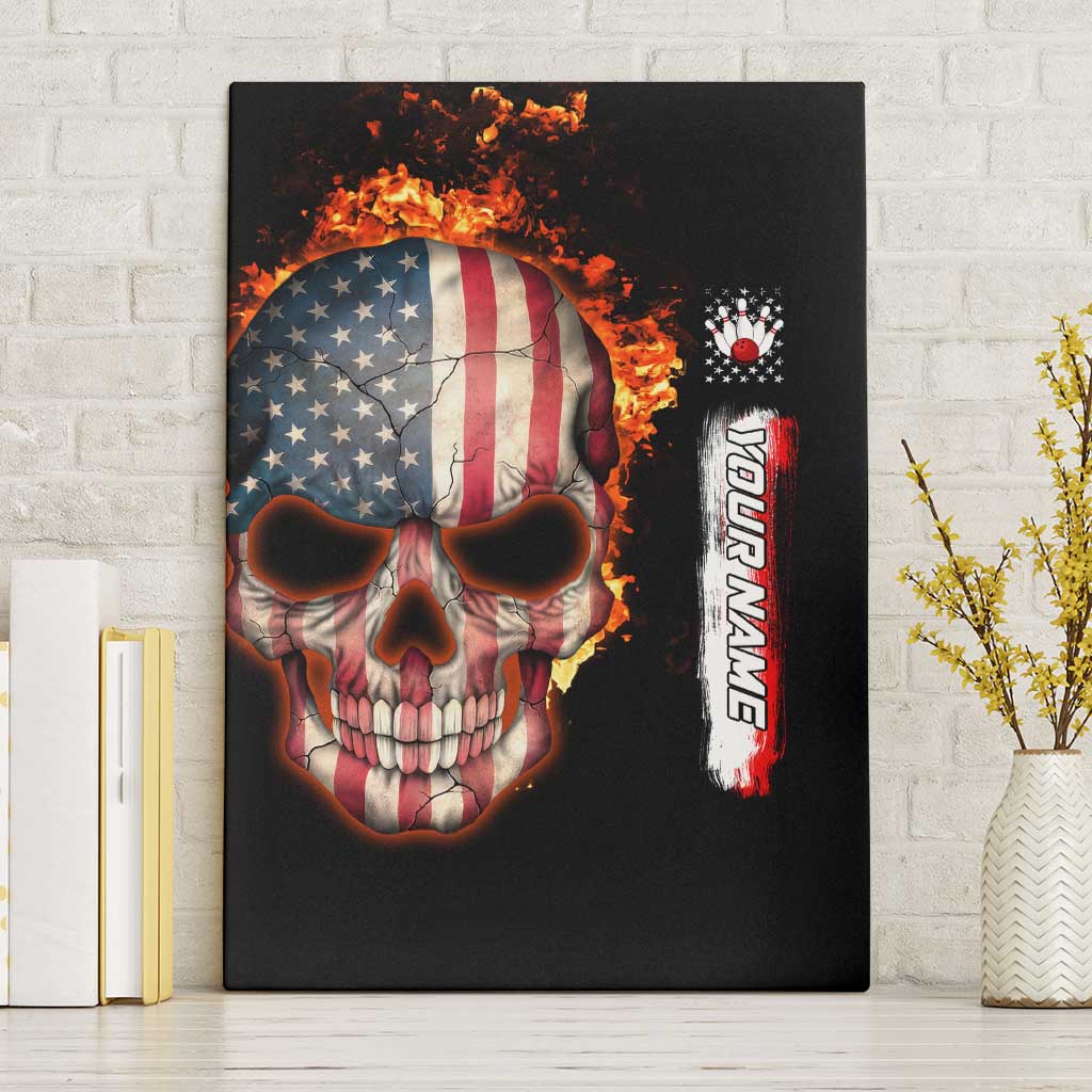 American Flag Skull Design Canvas Wall Art with Bowling Elements and Fire Background with Custom Team Name Text - Wonder Print Shop
