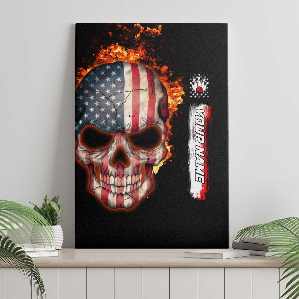 American Flag Skull Design Canvas Wall Art with Bowling Elements and Fire Background with Custom Team Name Text - Wonder Print Shop