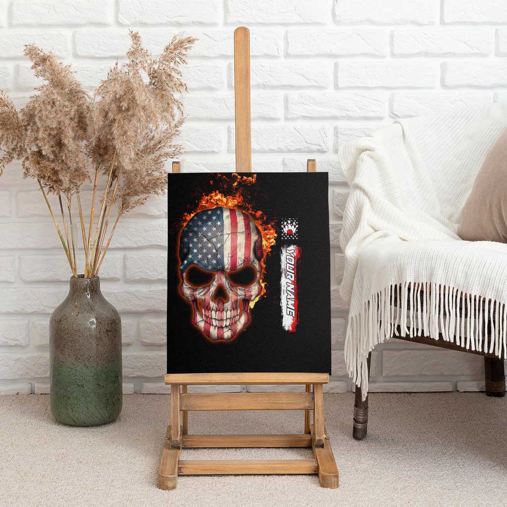 American Flag Skull Design Canvas Wall Art with Bowling Elements and Fire Background with Custom Team Name Text - Wonder Print Shop