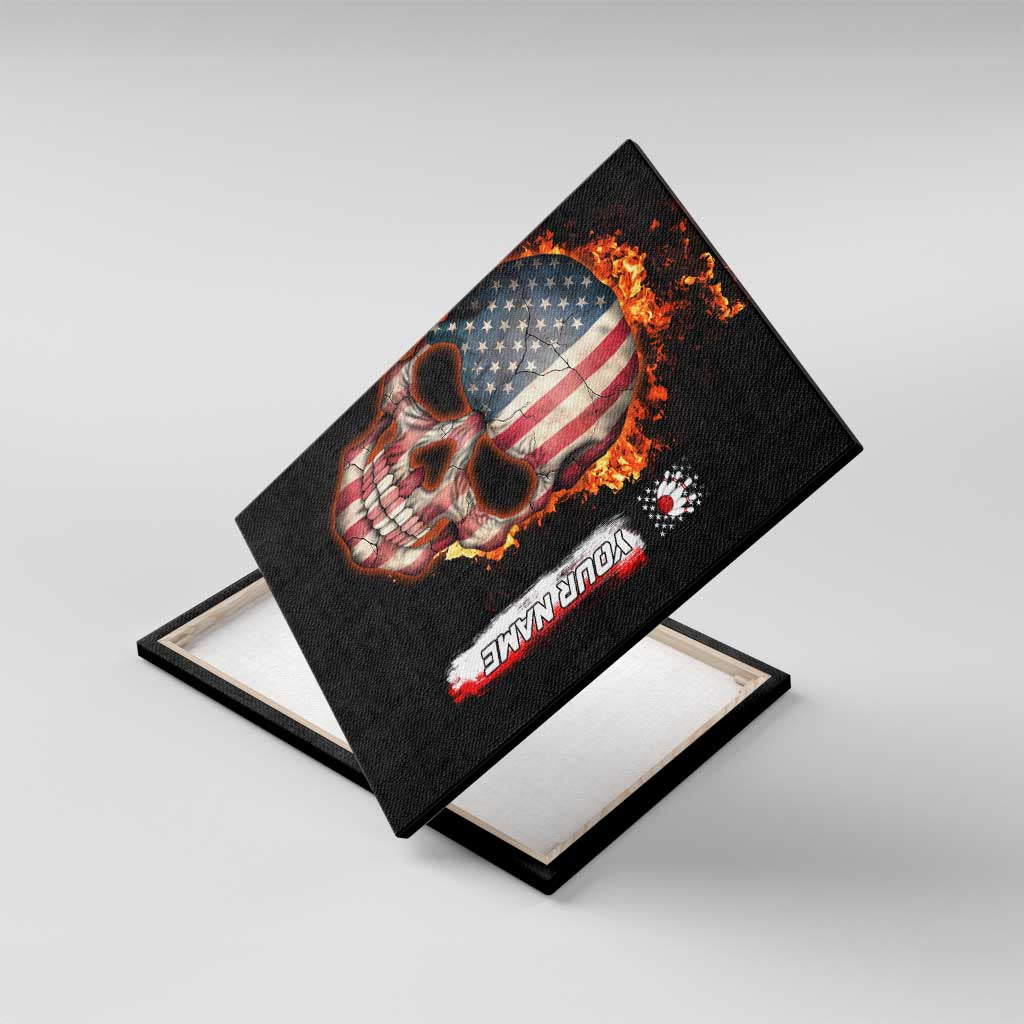 American Flag Skull Design Canvas Wall Art with Bowling Elements and Fire Background with Custom Team Name Text - Wonder Print Shop