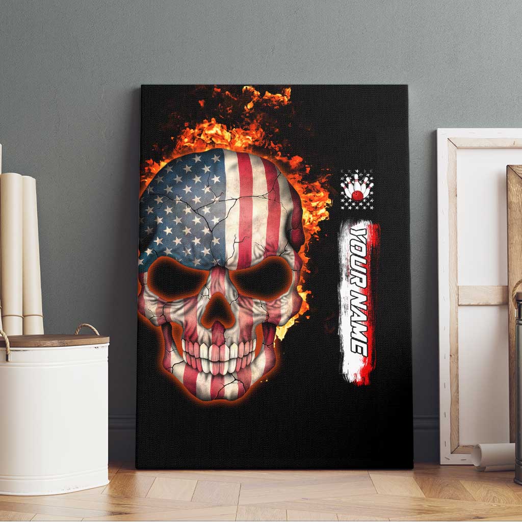 American Flag Skull Design Canvas Wall Art with Bowling Elements and Fire Background with Custom Team Name Text - Wonder Print Shop