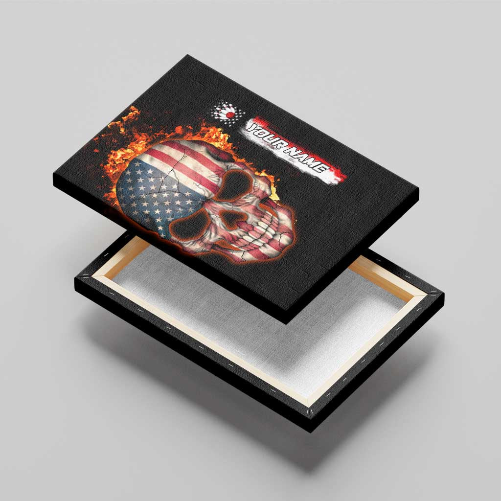American Flag Skull Design Canvas Wall Art with Bowling Elements and Fire Background with Custom Team Name Text - Wonder Print Shop