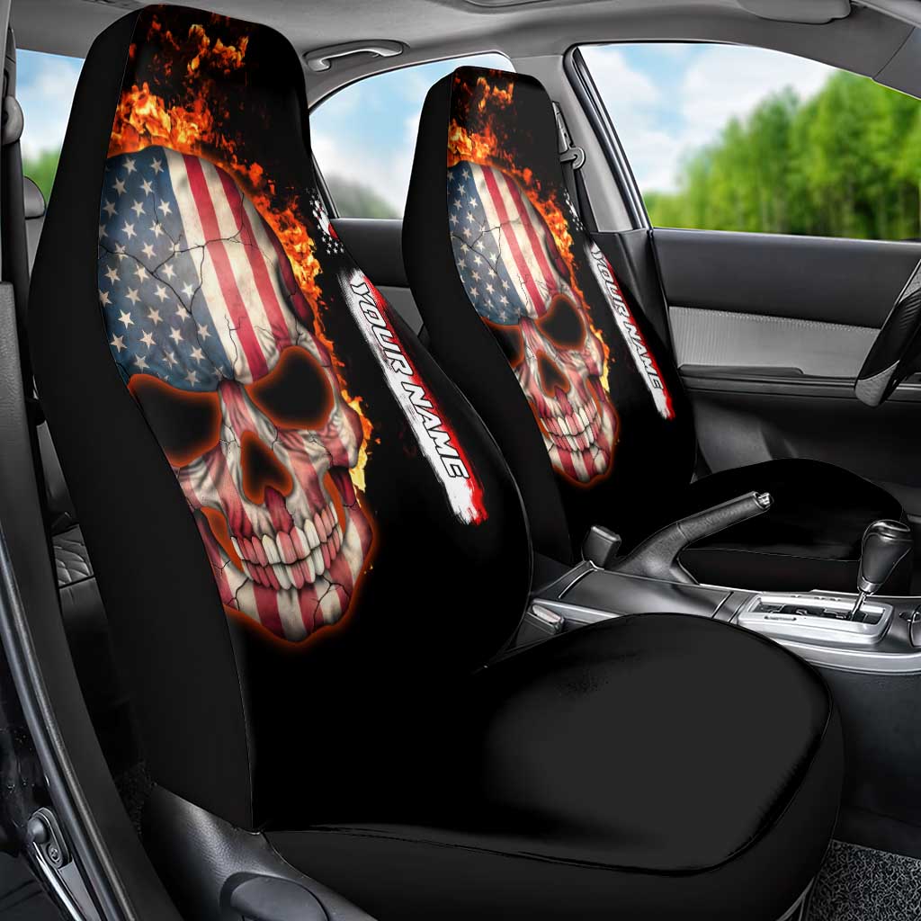 American Flag Skull Design Car Seat Cover with Bowling Elements and Fire Background with Custom Team Name Text - Wonder Print Shop