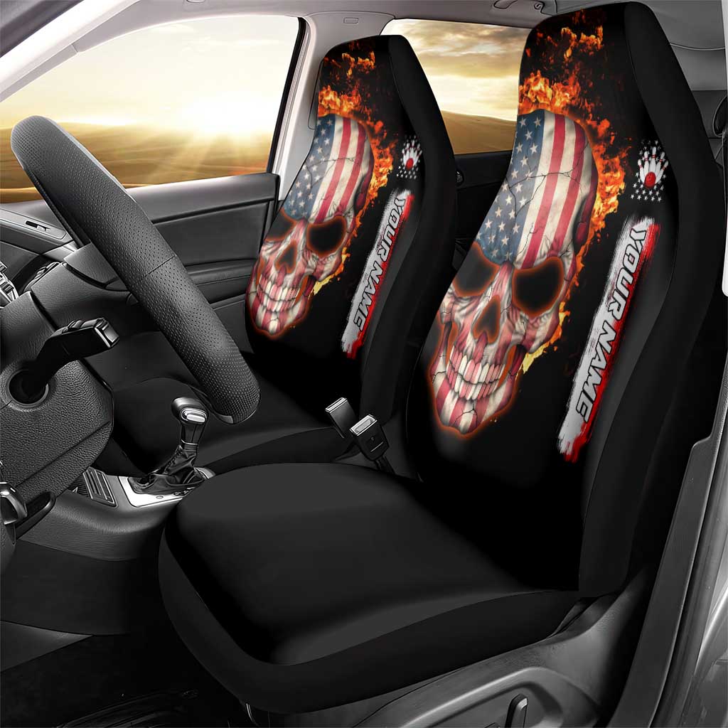 American Flag Skull Design Car Seat Cover with Bowling Elements and Fire Background with Custom Team Name Text - Wonder Print Shop