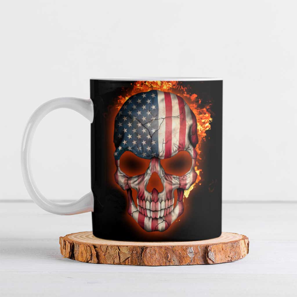 American Flag Skull Design Ceramic Mug with Bowling Elements and Fire Background with Custom Team Name Text - Wonder Print Shop