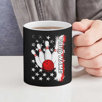 American Flag Skull Design Ceramic Mug with Bowling Elements and Fire Background with Custom Team Name Text - Wonder Print Shop