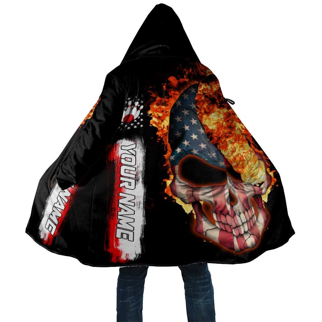 American Flag Skull Design Cloak with Bowling Elements and Fire Background with Custom Team Name Text - Wonder Print Shop