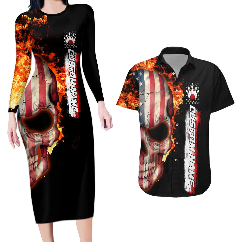 American Flag Skull Design Couples Matching Long Sleeve Bodycon Dress and Hawaiian Shirt with Bowling Elements and Fire Background with Custom Team Name Text - Wonder Print Shop