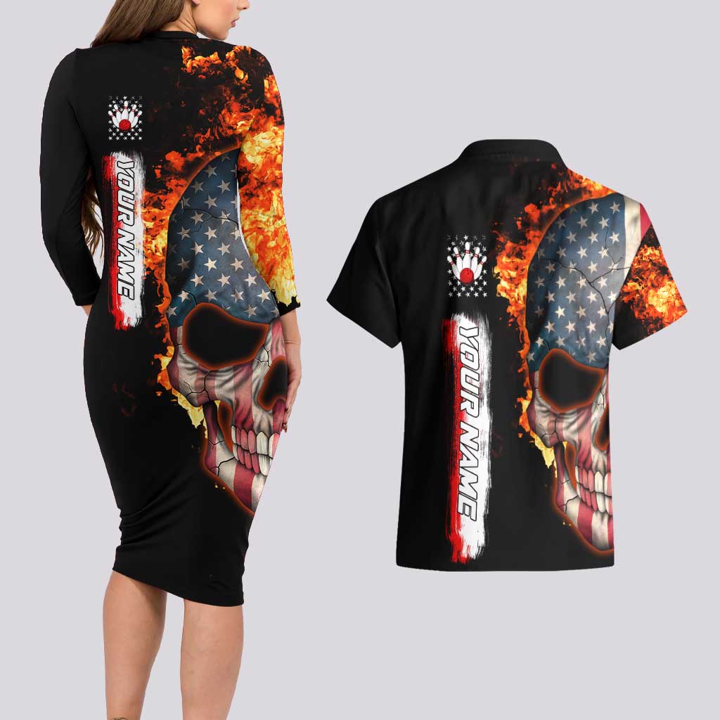 American Flag Skull Design Couples Matching Long Sleeve Bodycon Dress and Hawaiian Shirt with Bowling Elements and Fire Background with Custom Team Name Text - Wonder Print Shop