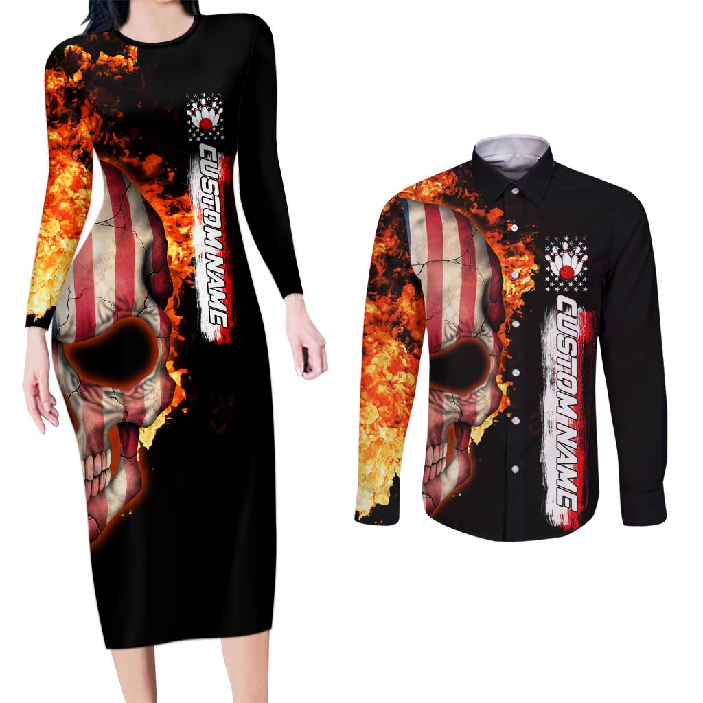 American Flag Skull Design Couples Matching Long Sleeve Bodycon Dress and Long Sleeve Button Shirt with Bowling Elements and Fire Background with Custom Team Name Text - Wonder Print Shop