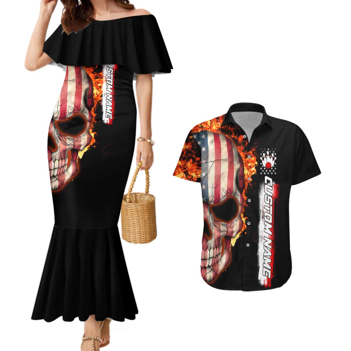 American Flag Skull Design Couples Matching Mermaid Dress and Hawaiian Shirt with Bowling Elements and Fire Background with Custom Team Name Text - Wonder Print Shop