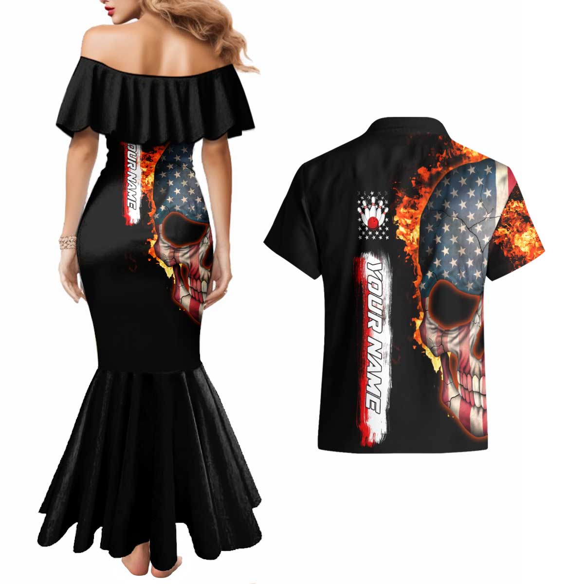 American Flag Skull Design Couples Matching Mermaid Dress and Hawaiian Shirt with Bowling Elements and Fire Background with Custom Team Name Text - Wonder Print Shop