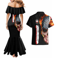 American Flag Skull Design Couples Matching Mermaid Dress and Hawaiian Shirt with Bowling Elements and Fire Background with Custom Team Name Text - Wonder Print Shop