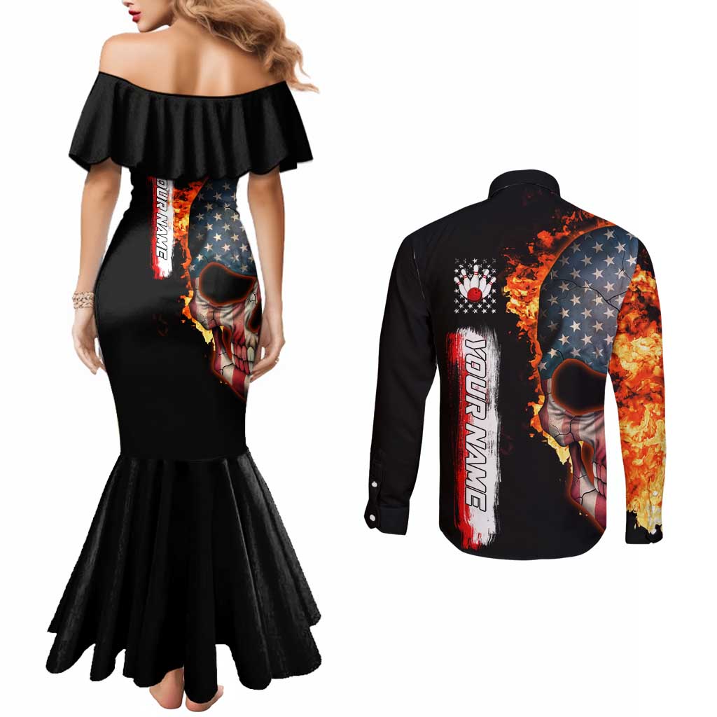 American Flag Skull Design Couples Matching Mermaid Dress and Long Sleeve Button Shirt with Bowling Elements and Fire Background with Custom Team Name Text - Wonder Print Shop