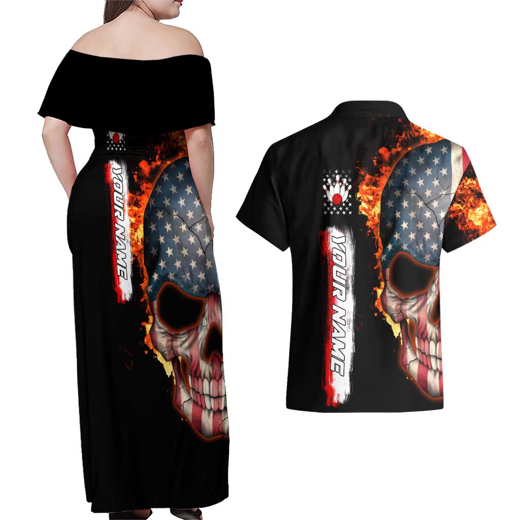 American Flag Skull Design Couples Matching Off Shoulder Maxi Dress and Hawaiian Shirt with Bowling Elements and Fire Background with Custom Team Name Text - Wonder Print Shop