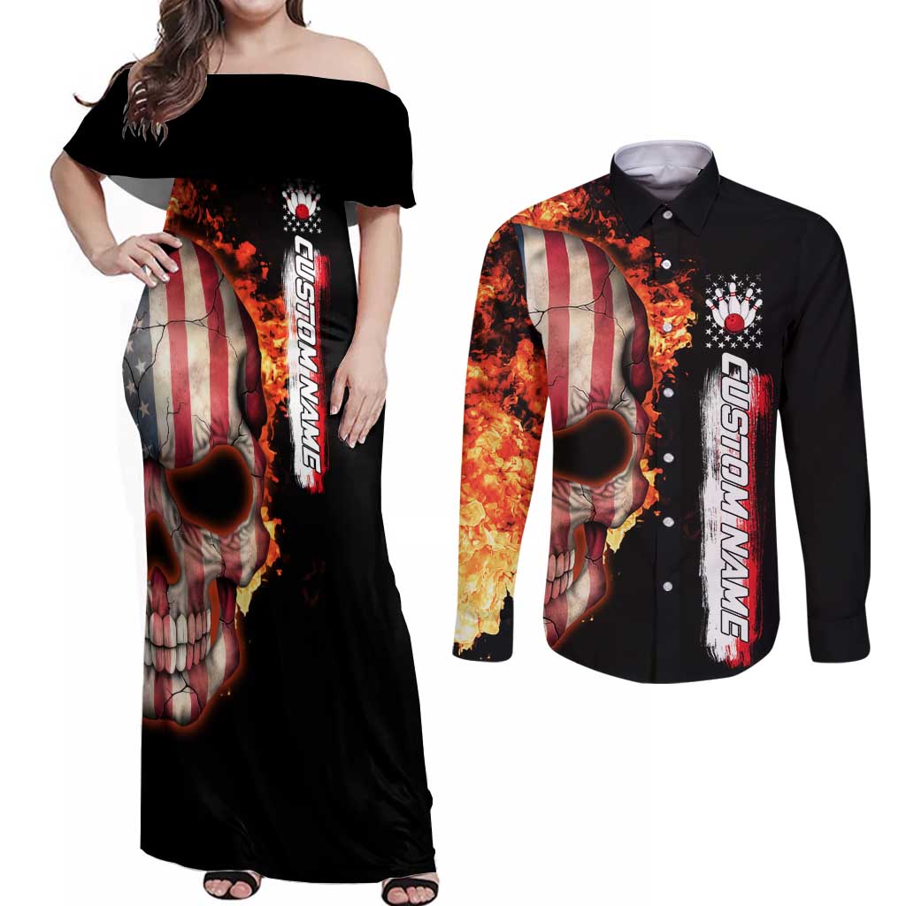 American Flag Skull Design Couples Matching Off Shoulder Maxi Dress and Long Sleeve Button Shirt with Bowling Elements and Fire Background with Custom Team Name Text - Wonder Print Shop
