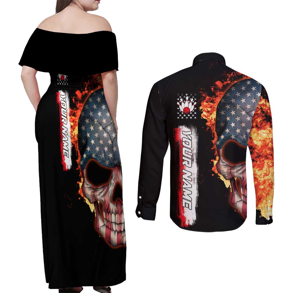 American Flag Skull Design Couples Matching Off Shoulder Maxi Dress and Long Sleeve Button Shirt with Bowling Elements and Fire Background with Custom Team Name Text - Wonder Print Shop