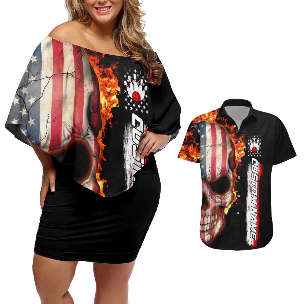 American Flag Skull Design Couples Matching Off Shoulder Short Dress and Hawaiian Shirt with Bowling Elements and Fire Background with Custom Team Name Text - Wonder Print Shop