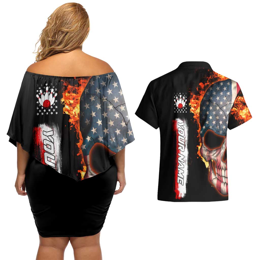 American Flag Skull Design Couples Matching Off Shoulder Short Dress and Hawaiian Shirt with Bowling Elements and Fire Background with Custom Team Name Text - Wonder Print Shop