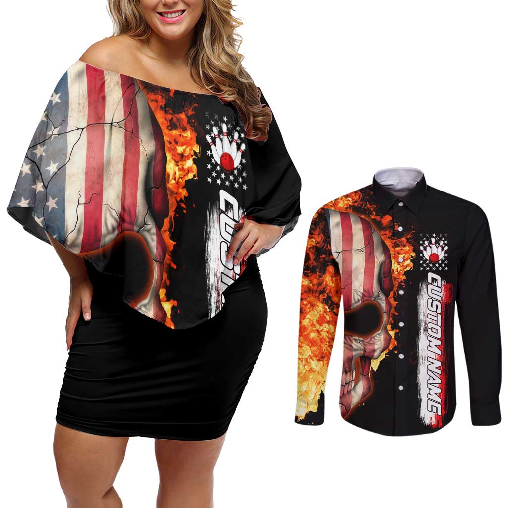 American Flag Skull Design Couples Matching Off Shoulder Short Dress and Long Sleeve Button Shirt with Bowling Elements and Fire Background with Custom Team Name Text - Wonder Print Shop