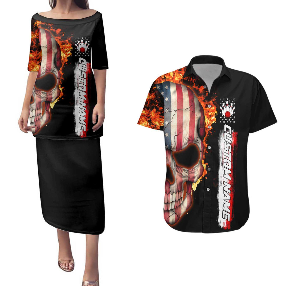 American Flag Skull Design Couples Matching Puletasi and Hawaiian Shirt with Bowling Elements and Fire Background with Custom Team Name Text - Wonder Print Shop