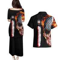 American Flag Skull Design Couples Matching Puletasi and Hawaiian Shirt with Bowling Elements and Fire Background with Custom Team Name Text - Wonder Print Shop