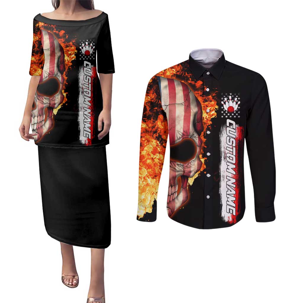 American Flag Skull Design Couples Matching Puletasi and Long Sleeve Button Shirt with Bowling Elements and Fire Background with Custom Team Name Text - Wonder Print Shop