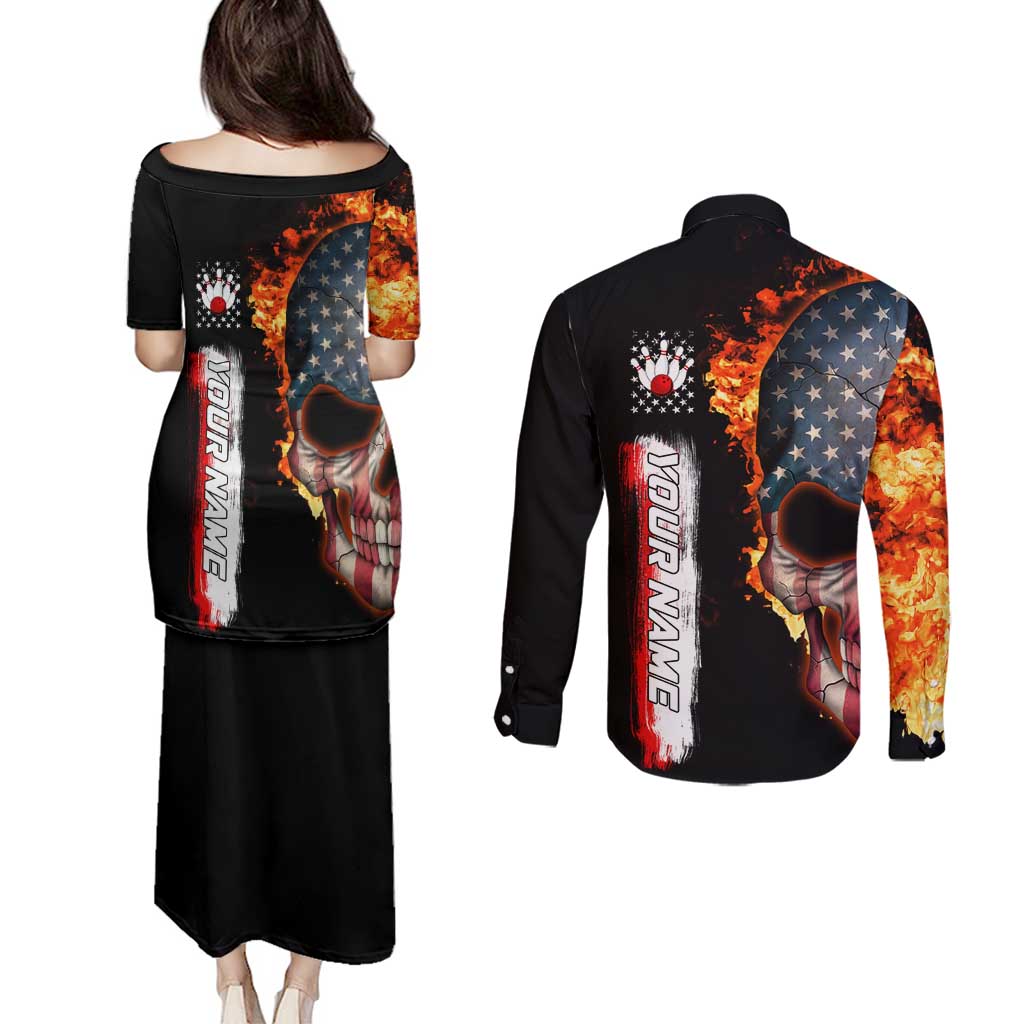 American Flag Skull Design Couples Matching Puletasi and Long Sleeve Button Shirt with Bowling Elements and Fire Background with Custom Team Name Text - Wonder Print Shop