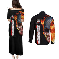 American Flag Skull Design Couples Matching Puletasi and Long Sleeve Button Shirt with Bowling Elements and Fire Background with Custom Team Name Text - Wonder Print Shop