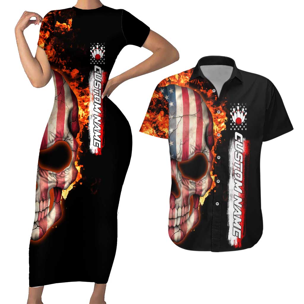 American Flag Skull Design Couples Matching Short Sleeve Bodycon Dress and Hawaiian Shirt with Bowling Elements and Fire Background with Custom Team Name Text - Wonder Print Shop