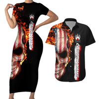 American Flag Skull Design Couples Matching Short Sleeve Bodycon Dress and Hawaiian Shirt with Bowling Elements and Fire Background with Custom Team Name Text - Wonder Print Shop