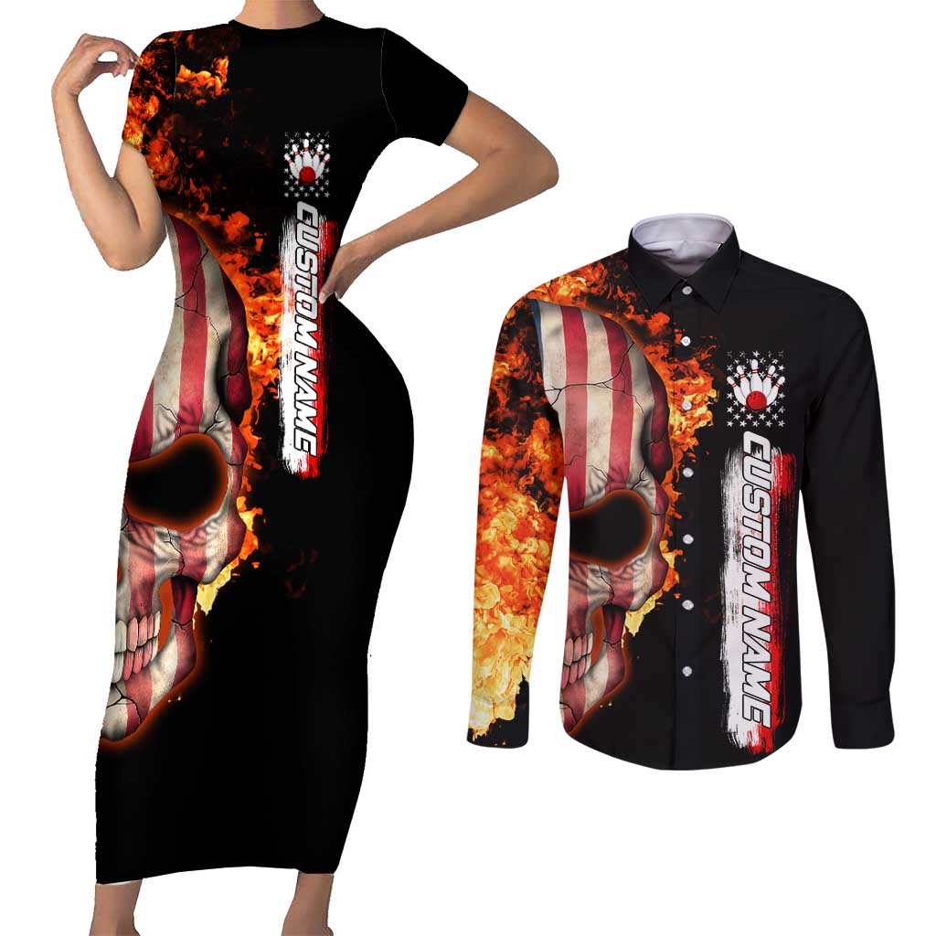 American Flag Skull Design Couples Matching Short Sleeve Bodycon Dress and Long Sleeve Button Shirt with Bowling Elements and Fire Background with Custom Team Name Text - Wonder Print Shop