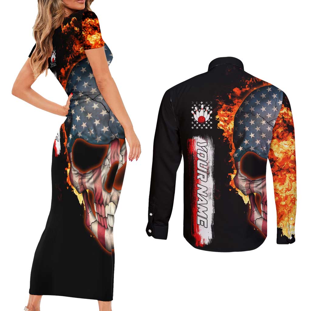American Flag Skull Design Couples Matching Short Sleeve Bodycon Dress and Long Sleeve Button Shirt with Bowling Elements and Fire Background with Custom Team Name Text - Wonder Print Shop
