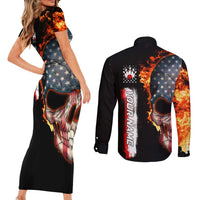 American Flag Skull Design Couples Matching Short Sleeve Bodycon Dress and Long Sleeve Button Shirt with Bowling Elements and Fire Background with Custom Team Name Text - Wonder Print Shop