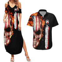 American Flag Skull Design Couples Matching Summer Maxi Dress and Hawaiian Shirt with Bowling Elements and Fire Background with Custom Team Name Text - Wonder Print Shop