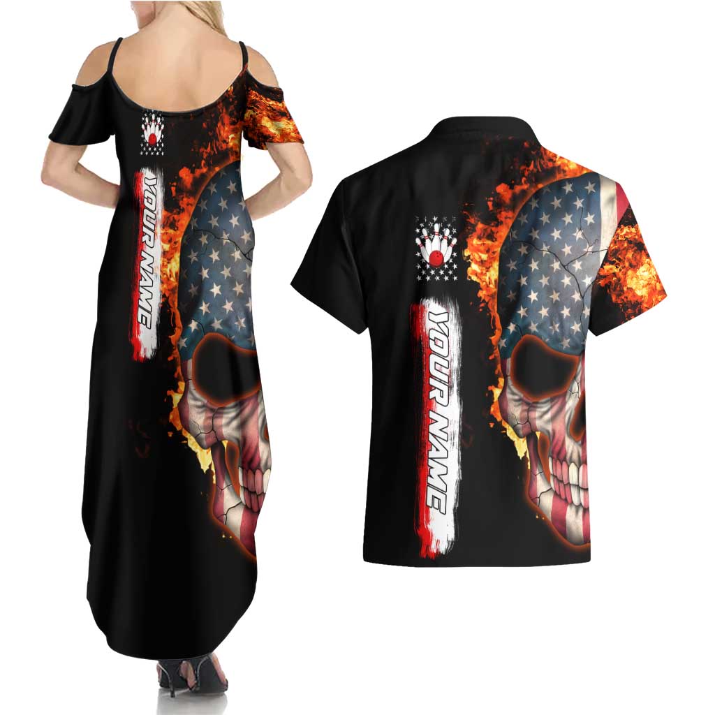 American Flag Skull Design Couples Matching Summer Maxi Dress and Hawaiian Shirt with Bowling Elements and Fire Background with Custom Team Name Text - Wonder Print Shop