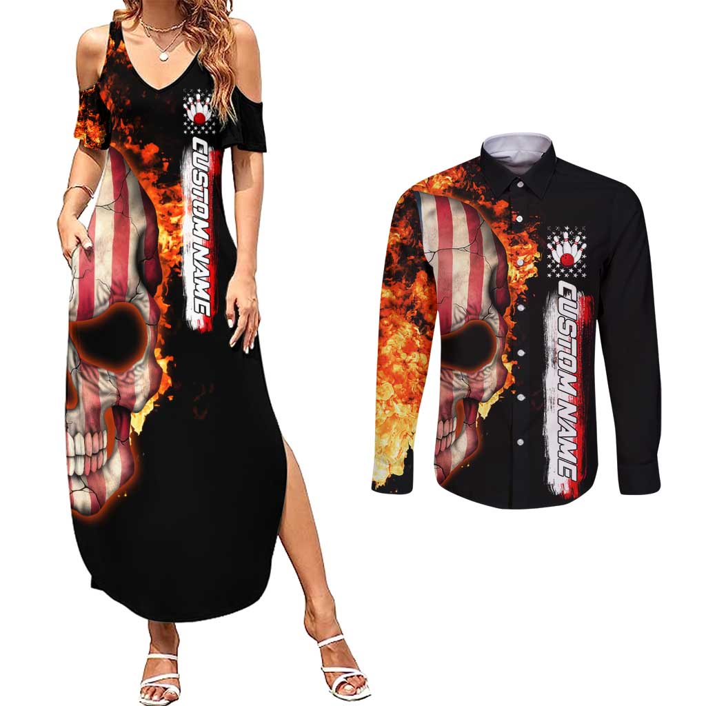 American Flag Skull Design Couples Matching Summer Maxi Dress and Long Sleeve Button Shirt with Bowling Elements and Fire Background with Custom Team Name Text - Wonder Print Shop