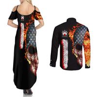 American Flag Skull Design Couples Matching Summer Maxi Dress and Long Sleeve Button Shirt with Bowling Elements and Fire Background with Custom Team Name Text - Wonder Print Shop