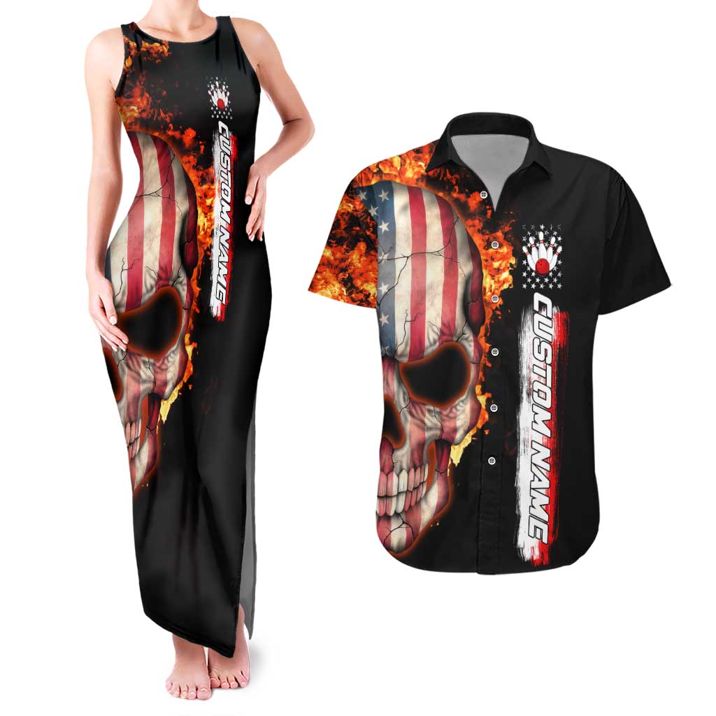 American Flag Skull Design Couples Matching Tank Maxi Dress and Hawaiian Shirt with Bowling Elements and Fire Background with Custom Team Name Text - Wonder Print Shop