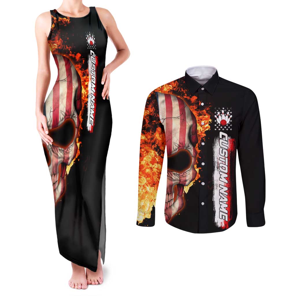 American Flag Skull Design Couples Matching Tank Maxi Dress and Long Sleeve Button Shirt with Bowling Elements and Fire Background with Custom Team Name Text - Wonder Print Shop