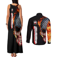 American Flag Skull Design Couples Matching Tank Maxi Dress and Long Sleeve Button Shirt with Bowling Elements and Fire Background with Custom Team Name Text - Wonder Print Shop