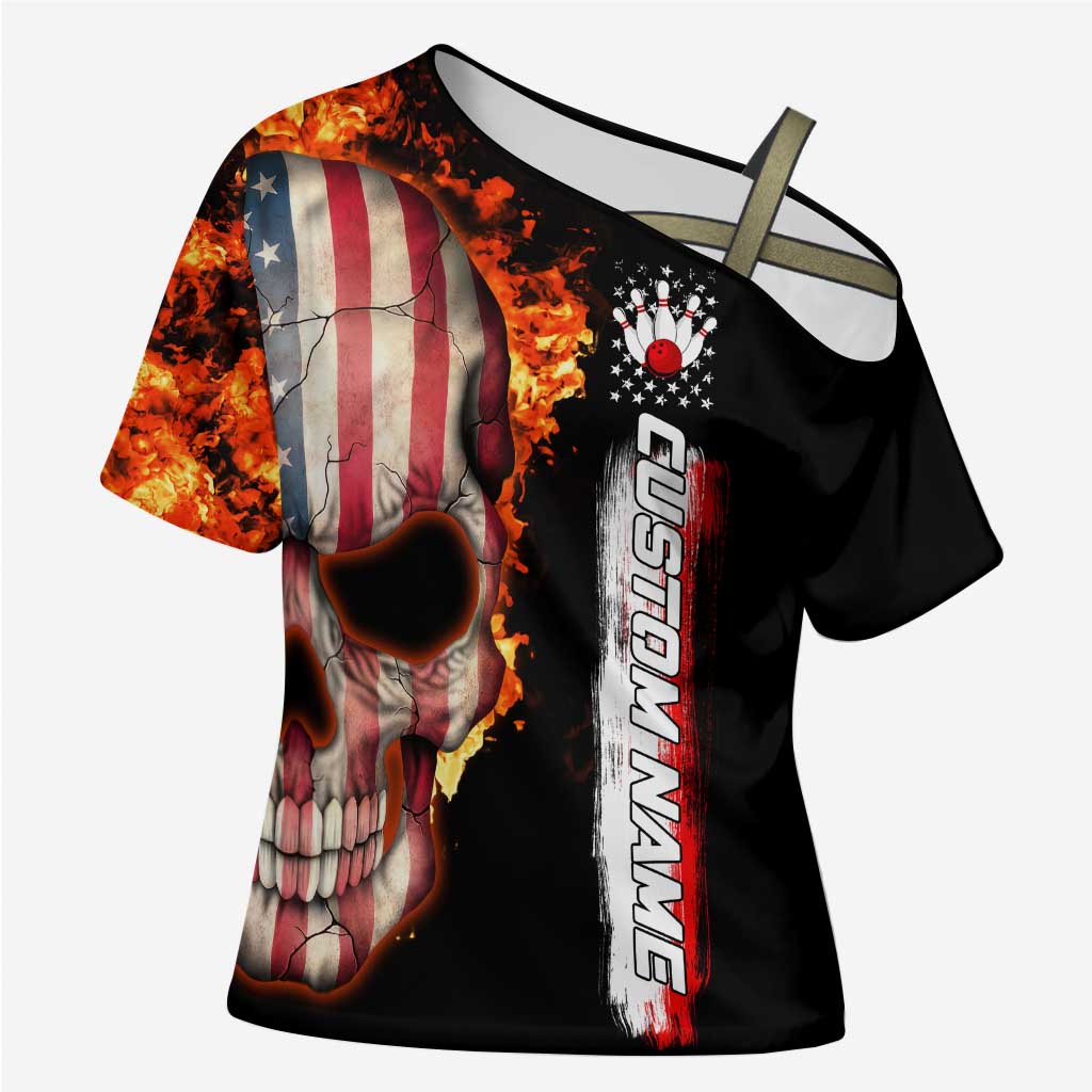 American Flag Skull Design Cross Shoulder Shirt with Bowling Elements and Fire Background with Custom Team Name Text - Wonder Print Shop